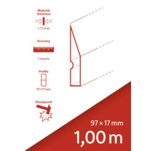 Technische tekening van een sierprofiel met materiaaldikte, nauwkeurigheid, profiel en schokbestendigheid