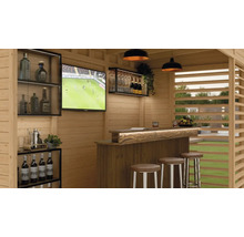 Houten tuinhuis met bar, televisie en barkrukken voor buiten