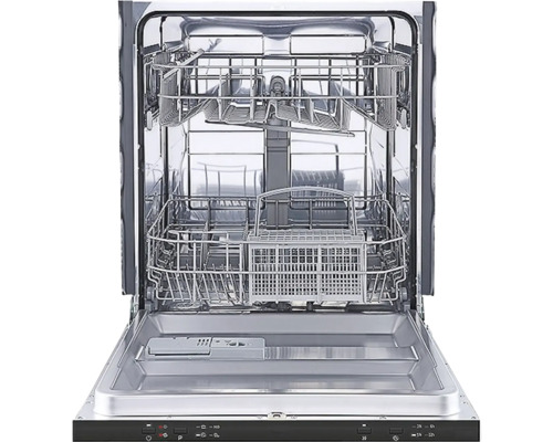 Interieur van een vaatwasser met open deur en uittrekbare korven.