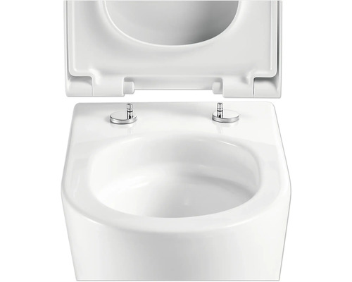 Witte toiletpot met open toiletdeksel