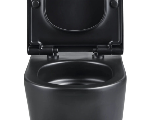 Zwart hangtoilet met open toiletdeksel.