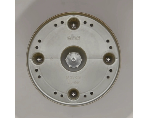 Onderkant van een ronde plantenbak met Elho logo, diameter 25 cm, inhoud 5,5 liter