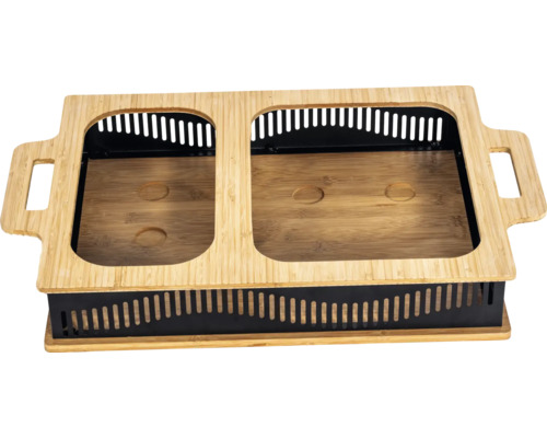 Bamboe rechaud met twee inzetstukken voor warmhoudplaten.