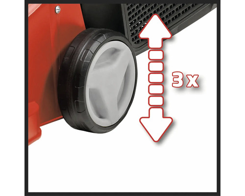Detailopname van een apparaatwiel met pijlen die de drievoudige hoogteverstelling aangeven