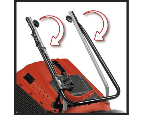 Detailweergave van een grasmaaier die de inklapbare functie van de handgreep laat zien met pijlen.