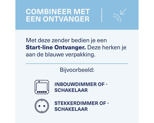 Combineer met een ontvanger: bedien een Start-line ontvanger met deze zender, herkenbaar aan de blauwe verpakking, bijvoorbeeld inbouwdimmer of schakelaar en stekkerdimmer of schakelaar.