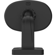 Achteraanzicht van een zwarte buitenlamp met ronde lampkop en rechthoekige voet