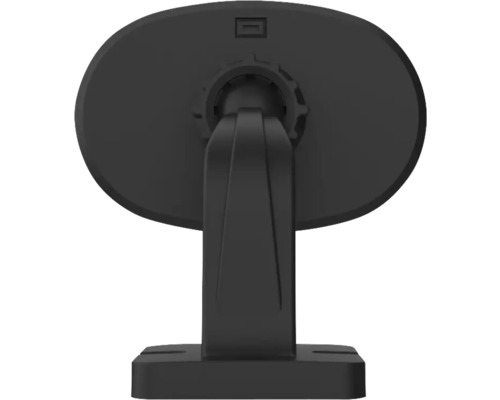 Achteraanzicht van een zwarte buitenlamp met ronde lampkop en rechthoekige voet