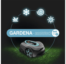 Gardena robotmaaier met symbolen voor gazonsnede, vorst, schema en spiraal