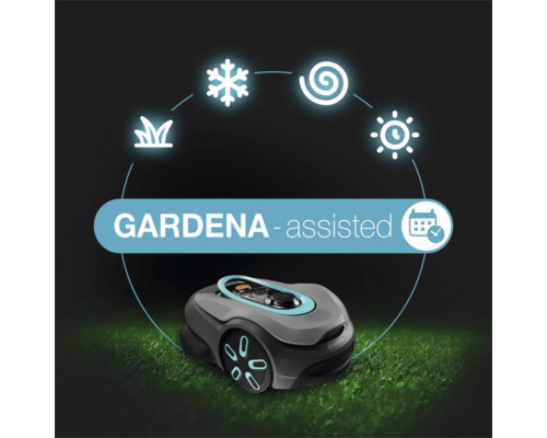 Gardena robotmaaier met symbolen voor gazonsnede, vorst, schema en spiraal