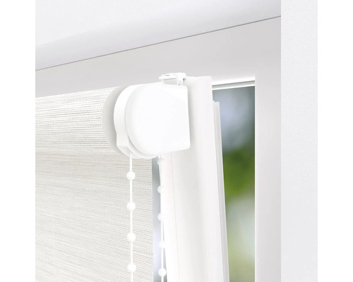 Detailopname van een wit duo rolgordijn op een raam