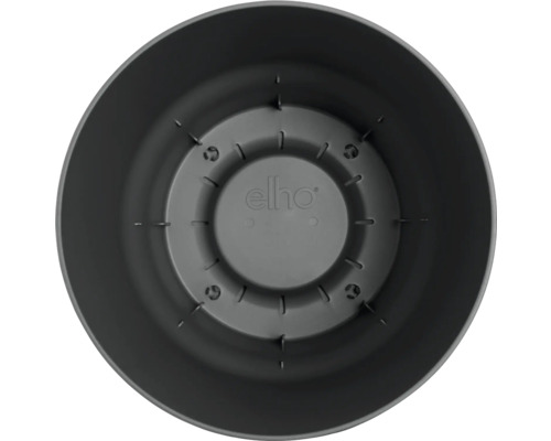 Binnenaanzicht van een ronde kunststof bloempot met Elho logo