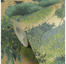 Rol behang met bosmotief in groen en goud