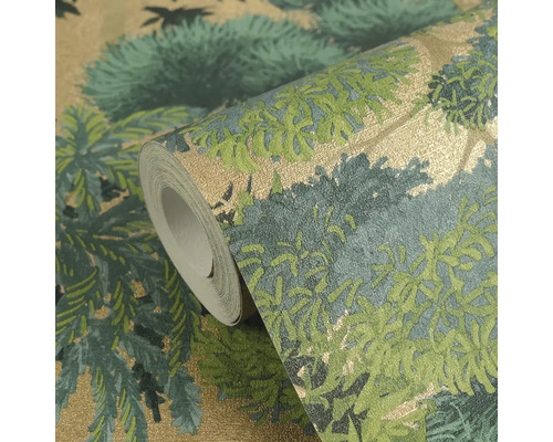Rol behang met bosmotief in groen en goud