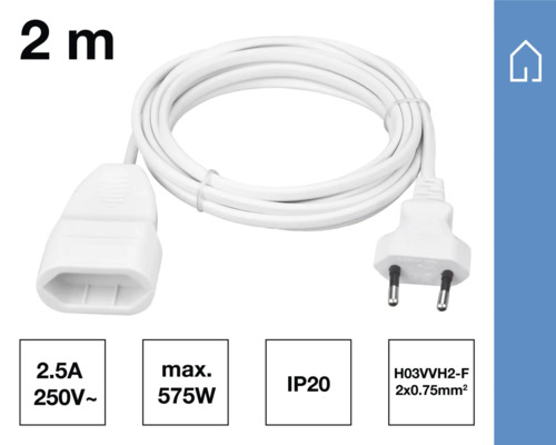 Verlengsnoer wit, twee meter lang met stekker en contrastekker