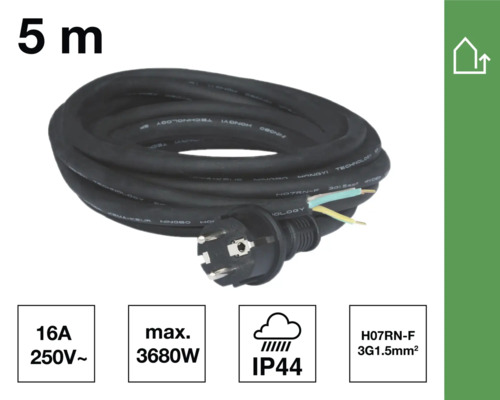 5 meter rubberen kabel met stekker