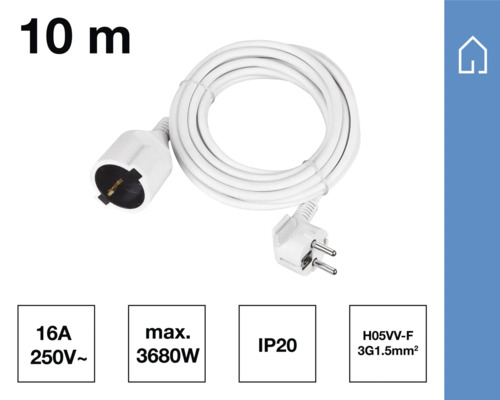 Verlengsnoer, 10 m lang, met stekker en contrastekker