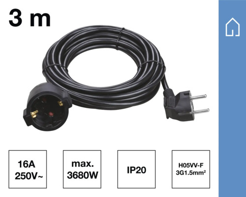 Verlengsnoer van drie meter met geaarde stekker en contrastekker