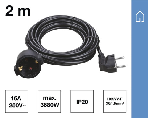 Verlengsnoer van twee meter met stekker en contactdoos