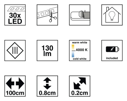 Productkenmerken: 30 LEDs, op maat te knippen, zelfklevend, geschikt voor binnenshuis, 130 lumen, kleurtemperatuur 4000 kelvin, inclusief batterij, lengte 100 centimeter, breedte 0,8 centimeter, hoogte 0,2 centimeter