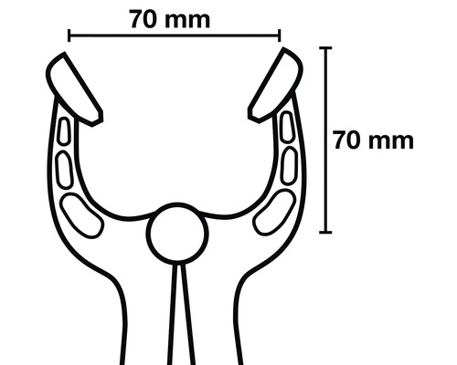 Technische tekening van een klem met de afmetingen 70 millimeter bij 70 millimeter