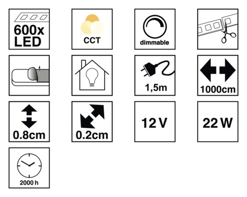 Productkenmerken: 600 LEDs, CCT, dimbaar, inkortbaar, 1,5 meter kabellengte, 1000 centimeter lengte, 0,8 centimeter hoogte, 0,2 centimeter breedte, 12 volt, 22 watt, 2000 branduren