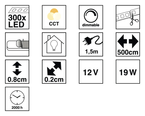 Productkenmerken: 300 LEDs, CCT, dimbaar, inkortbaar, 1,5 meter kabellengte, 500 centimeter lengte, 0,8 centimeter hoogte, 0,2 centimeter breedte, 12 volt, 19 watt, 2000 uur levensduur