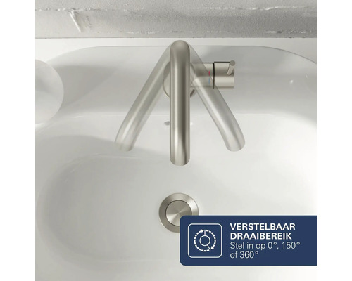 Wastafelkraan met instelbaar draaibereik in wasbak