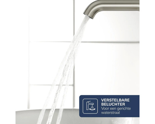 Waterkraan met waterstraal en symbool voor verstelbare beluchter