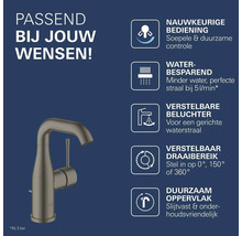 Wastafelkraan met eigenschappen zoals nauwkeurige bediening, waterbesparing, verstelbare beluchter, draaibereik en een duurzaam oppervlak