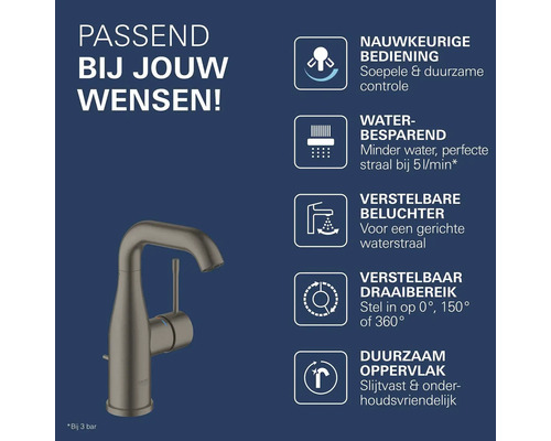 Wastafelkraan met eigenschappen zoals nauwkeurige bediening, waterbesparing, verstelbare beluchter, draaibereik en een duurzaam oppervlak