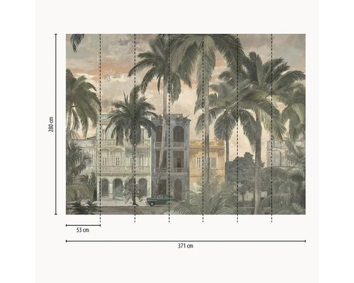 Fotobehang met palmbomen, koloniale gebouwen en oldtimer, afmetingen 280 bij 371 centimeter, losse banen 53 centimeter breed.