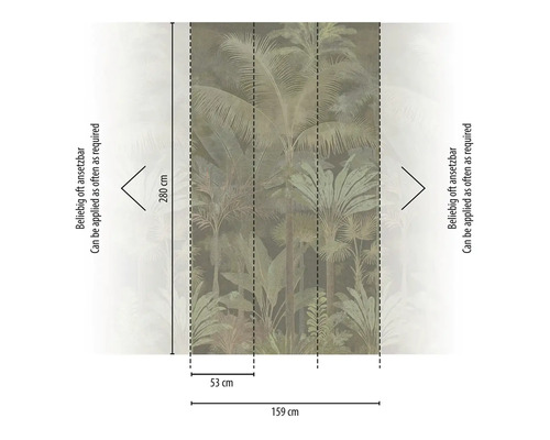 Fotobehang met palmen en jungle-motief, afmetingen 159 bij 280 centimeter, baanbreedte 53 centimeter, eindeloos herhaalbaar.