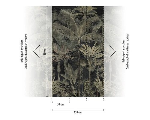 Vliesbehang met tropisch palmendessin, afmetingen 159 bij 280 centimeter, onbeperkt herhaalbaar, baanbreedte 53 centimeter.