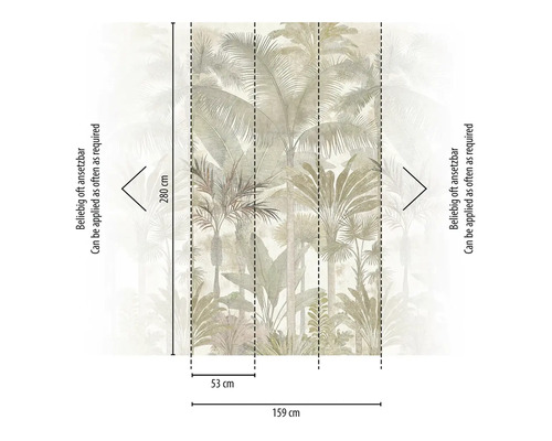 Fotobehang met tropische palmen, 159 bij 280 centimeter, oneindig herhaalbaar.