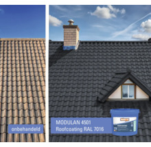 Dak met onbehandelde dakpannen en dakpannen behandeld met Modulan 4501 dakcoating RAL 7016.