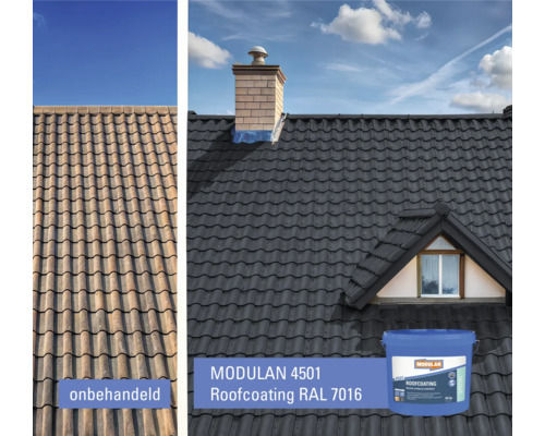 Dak met onbehandelde dakpannen en dakpannen behandeld met Modulan 4501 dakcoating RAL 7016.