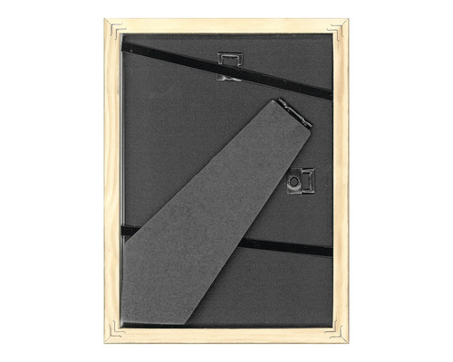 Achterkant van een fotolijst met houten frame en standaard