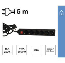 Verlengsnoer met zes stopcontacten, 5 meter kabel, 16 ampère, 250 volt, maximaal vermogen 3500 watt, beschermingsklasse IP20, H05VV-F 3G1.5mm2