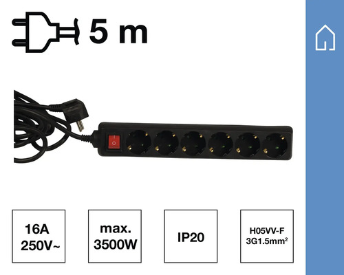 Verlengsnoer met zes stopcontacten, 5 meter kabel, 16 ampère, 250 volt, maximaal vermogen 3500 watt, beschermingsklasse IP20, H05VV-F 3G1.5mm2