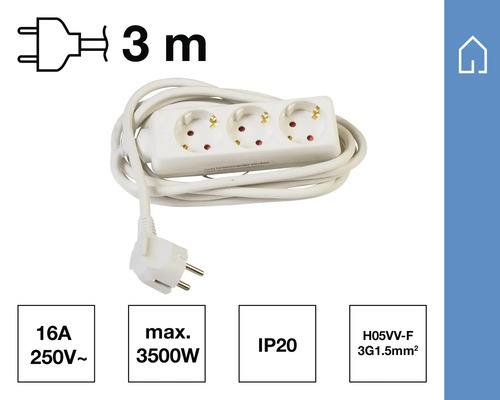 Verlengsnoer met drie stopcontacten en drie meter snoer