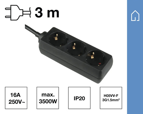 Drievoudig stekkerblok met 3 meter snoer