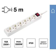 Witte stekkerdoos met vijf stopcontacten, schakelaar en een kabel van vijf meter.