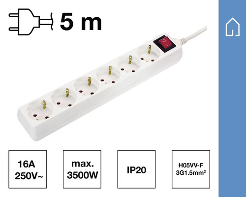Witte stekkerdoos met vijf stopcontacten, schakelaar en een kabel van vijf meter.