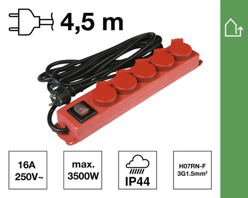 Verlengsnoer met vijf stopcontacten en een kabel van 4,5 meter