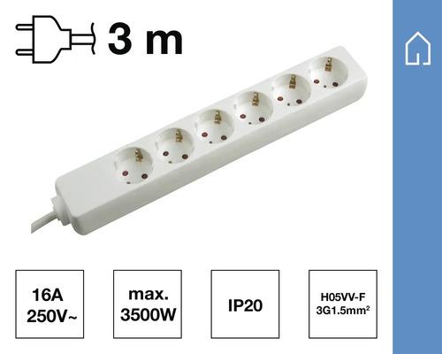 Verlengdoos met vijf stopcontacten en een kabel van drie meter