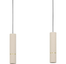 Twee hanglampen met een cilindervormige lampenkap en geribbelde textuur