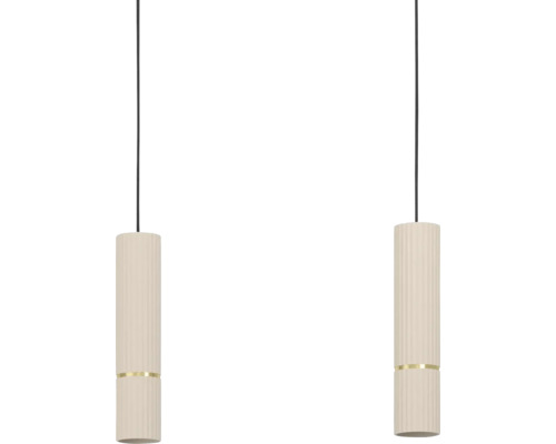 Twee hanglampen met een cilindervormige lampenkap en geribbelde textuur