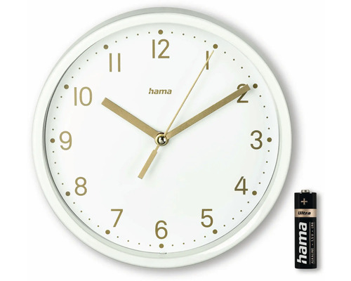 Witte wandklok met goudkleurige wijzers en cijfers en een batterij
