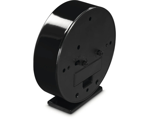 Achterkant van een zwarte analoge wekker met instelwielen